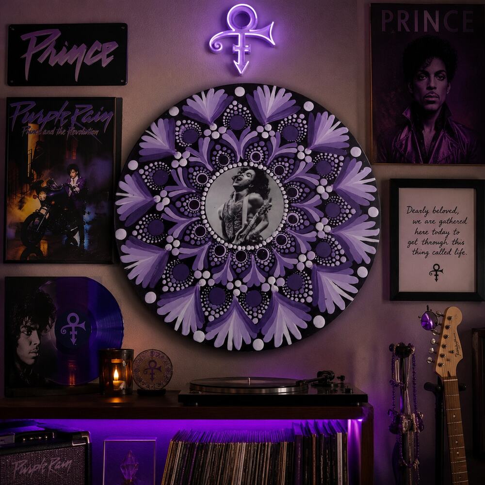 Hand Painted Prince Inspired Record Purple Dot Mandala Wall Art Music Decor